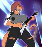 anthro areola big_breasts black_areola black_nipples bottomwear breasts bulge clothed clothing electric_guitar exposed_breasts guitar gynomorph hair intersex jacket leather leather_bottomwear leather_clothing leather_pants markings musical_instrument nipples open_clothing open_shirt open_topwear pants playing_guitar playing_music plucked_string_instrument pupils scales shirt simple_background slit_pupils smile solo string_instrument topwear torn_bottomwear torn_clothing torn_pants redimplight flying_v gibson nintendo pokemon calyn_reyzir fan_character generation_5_pokemon lizard pokemon_(species) reptile scalie scrafty digital_media_(artwork) hi_res