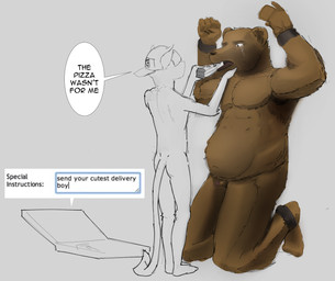 anthro bodily_fluids bound box chain chained container dialogue duo food force_feeding forced genitals male male/male penis pizza pizza_box questionable_consent size_difference small_penis tears text yuzubull bear domestic_cat felid feline felis mammal english_text hi_res