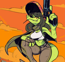anthro belt bottomwear breasts clothed clothed_anthro clothed_female clothing cloud crop_top day female female_anthro fingerless_gloves fingers front_view gloves green_body green_tail gun hair handgun handwear hat headgear headwear holding_gun holding_handgun holding_object holding_ranged_weapon holding_revolver holding_weapon midriff mouth_closed non-mammal_breasts orange_sky outside pants ranged_weapon revolver shirt sky smile snaggle_teeth solo sombrero tail three-quarter_view toothpick topwear weapon white_clothing white_crop_top white_topwear yellow_sclera jdoe_p lizard reptile scalie 2021 hi_res portrait three-quarter_portrait