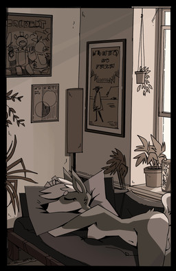 anthro balls barely_visible_areola barely_visible_balls barely_visible_genitalia beverage_can black_border black_nose border breasts butt butt_heart butt_tuft casual_nudity cheek_tuft countershade_butt countershade_face countershade_torso countershading detailed_background eyelashes eyes_closed facial_tuft furniture genitals gynomorph inside intersex light living_room long_snout lying navel nude_anthro on_front pillow plant plant_pot poster potted_plant raised_tail side_boob sleeping sleeping_nude small_breasts snout sofa solo sunlight tail tuft window cocadope canid canine mammal hi_res monochrome