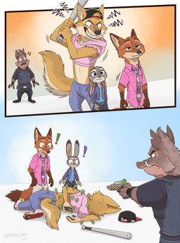 anthro armor baseball_bat bat_(object) belt black_nose bottomwear brown_body brown_fur clothed clothed_anthro clothed_female clothed_male clothing collared_shirt dipstick_tail dress_shirt exclamation_point female female_anthro footwear fur green_eyes grey_body grey_fur group hat headgear headwear jacket male male_anthro markings open_mouth orange_body orange_fur pants pink_nose police police_officer police_uniform purple_eyes scut_tail shirt shoes short_tail sneakers tail tail_markings topwear tranquilizer tusks uniform aar0njay disney family_guy_death_pose zootopia captain_hoggbottom judy_hopps nick_wilde canid canine canis european_rabbit fox lagomorph leporid mammal oryctolagus rabbit red_fox suid suine sus_(pig) true_fox warthog wild_boar wolf 2025 character_request comic digital_media_(artwork) hi_res meme