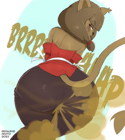 anthro big_butt blush butt butt_focus clothing fart fart_cloud fart_fetish farting_at_viewer female hair looking_at_viewer looking_back ponytail solo sound_effects tail text wide_hips repulsiveproto ankama dofus wakfu miranda_(wakfu) domestic_cat ecaflip felid feline felis mammal 2023 artist_name hi_res