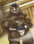 anthro belly big_belly black_hair black_nose brown_body brown_fur fur hair kemono male moobs musk nipples overweight overweight_anthro overweight_male solo sumo rockmai3 sengoku_puzzle takefurukuma bear mammal 2021 hi_res