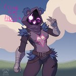 anthro armor belt big_breasts blush breasts clothed clothing dialogue female gauntlets gesture gloves hand_gesture handwear one_eye_closed solo v_sign wink tdc_charge epic_games fortnite raven_team_leader bear mammal 1:1 hi_res