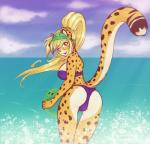 amber_eyes anthro big_breasts bikini black_spots blonde_hair breasts butt clothed clothing cloud detailed_background female fur hair hat headgear headwear long_hair one_eye_closed orange_body orange_fur outside ponytail purple_clothing purple_swimwear raised_tail rear_view sea seascape seductive sky smile solo spots swimwear tail thigh_gap two-piece_swimsuit water white_body white_fur wink yellow_body yellow_fur scorpdk mihari cheetah felid feline mammal