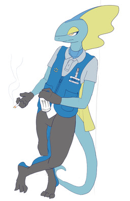anthro barefoot blue_body blue_clothing blue_tail blue_topwear can cigarette claws clothed clothing container feet front_view holding_can holding_cigarette holding_container holding_object male male_anthro mouth_closed narrowed_eyes paws plantigrade simple_background smoke solo standing tail toe_claws toes topwear yellow_eyes hardscales nintendo pokemon generation_8_pokemon inteleon pokemon_(species) full-length_portrait hi_res portrait