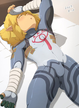 blonde_hair bulge clothed clothing detailed_bulge erection erection_under_clothing fingers genital_outline grey_clothing hair humanoid_pointy_ears lying male multicolored_clothing nipple_outline not_furry on_back penis_outline pointy_ears red_clothing shadow solo chirasgi nintendo the_legend_of_zelda humanoid hylian 2023 dated hi_res