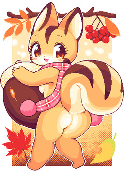 amber_eyes anthro autumn big_tail blush breasts brown_markings brown_stripes butt casual_nudity cherry countershade_face countershade_tail countershade_torso countershading female food fruit fur holding_food holding_object kemono leaf looking_back markings nut_(fruit) pink_scarf plant raised_tail rear_view scarf side_boob simple_background solo stripes tail tan_body tan_fur white_background takiune_(pixiv) chipmunk ground_squirrel mammal rodent sciurid 2020 aliasing cel_shading digital_drawing_(artwork) digital_media_(artwork) full-length_portrait low_res oekaki orange_theme pixel_(artwork) portrait shaded warm_colors