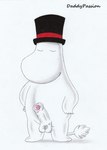 anthro balls clothing daddypassion erection eyes_closed foreskin genitals hat headgear headwear hi_res humanoid_genitalia male moomin moominpappa nude penis presenting_balls simple_background smile solo standing_position tail the_moomins
