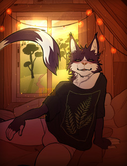 anthro bed black_body black_clothing black_fur black_shirt black_t-shirt black_tail black_topwear blush bottomwear bulge cheek_tuft clothed clothing ear_piercing ear_ring facial_tuft front_view fur furniture inside looking_at_viewer male male_anthro narrowed_eyes on_bed open_mouth orange_nose piercing plant ring_piercing shirt sitting solo string_lights t-shirt tail topwear tree tuft white_body white_fur white_tail window yellow_eyes 0ct0m0n0 felid mammal hi_res