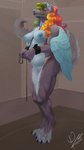 anthro breasts collar cuff_(restraint) digitigrade female hair leash multicolored_hair nipples nude pubes rainbow_hair restraints solo tail wings wrist_cuffs artcondedaniel canid canine mammal 4k 9:16 absurd_res hi_res