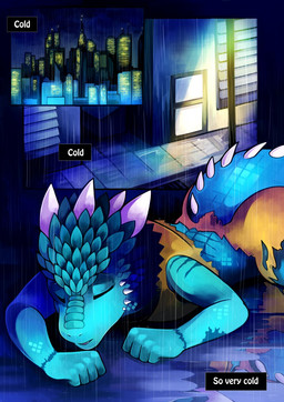 alley anthro biped blue_body blue_scales city clothed clothing female horn outside raining scales solo tail text anonymous_artist zuka_(fragile_findings) kobold scalie 2018 colored comic english_text hi_res