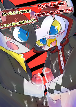 anthro balls beak biped black_body black_feathers black_fur blue_eyes blush bodily_fluids clothing comparing comparing_penis competition competitive cross-popping_vein cum cum_on_body cum_on_clothing dialogue duo dutch_angle erection feathers foreskin fur genital_fluids genitals humanoid_genitalia humanoid_penis kerchief male male/male mask masturbation penile penile_masturbation penis sexual_competition shortstack shortstack_male text toony white_body white_feathers white_fur yellow_beak yellow_sclera suzuinu atlus megami_tensei persona_(series) persona_5 sega lufel morgana_(persona) avian bird domestic_cat felid feline felis mammal owl tuxedo_cat digital_media_(artwork) english_text hi_res