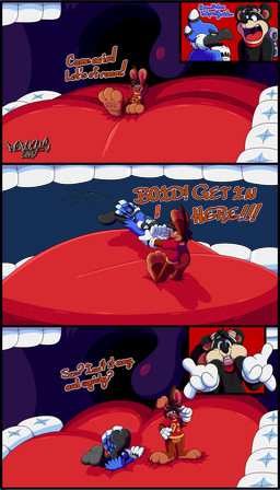 2_toes 3_toes 4_fingers anthro beak big_feet big_tongue big_uvula cartoon_gloves cheek_bulge clothing eyewear eyewear_on_head feathers feet fingers glasses goggles goggles_on_head group in_mouth inside_mouth male male/male open_beak open_mouth pawpads paws red_tongue shirt soles tail tail_feathers thick_tongue toes tongue toony topwear trio uvula vore wearing_glasses wearing_gloves whiskers wide_tongue winding_key marquis2007 acecraft aj_(marquis2007) ekko_(acecraft) roderick_(tamerkoh) avian bird blue_jay corvid jay_(bird) lagomorph leporid mammal new_world_jay oscine passerine procyonid rabbit raccoon absurd_res hi_res letterbox