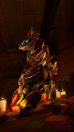 anthro arm_feathers arm_tuft armor beak bottomless butt candle clothed clothing corn cornucopia crouching face_covered feather_hair feathered_crest feathers female food glowing glowing_eyes green_eyes grey_body head_crest headgear helmet holidays leaf low-angle_view multicolored_body multicolored_feathers plant presenting presenting_hindquarters pseudo_hair sharp_teeth solo spurs_(anatomy) teeth tuft pompilus-sfm halo_(series) microsoft thanksgiving xbox_game_studios alien avian kig-yar scalie t'vaoan 3d_(artwork) 4k 9:16 absurd_res digital_media_(artwork) hi_res source_filmmaker_(artwork)
