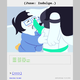 animal_genitalia animal_penis anthro bdsm black_hair buckteeth canine_genitalia canine_penis clothed clothed_female clothing clothing_around_legs comic_panel crop_top dialogue duo eyewear female footwear genitals glasses gynomorph gynomorph/gynomorph hair headpat intersex intersex/female intersex/intersex licking lipstick long_hair makeup onesie oral pajamas panties panties_around_legs panties_down partially_clothed penile penis penis_lick petplay profanity puppyplay roleplay rubbing_head sex shirt short_hair socks tail teeth text tongue topwear underwear underwear_around_legs underwear_down white_body ashleyorange homestuck ms_paint_adventures jade_harley june_egbert canid canine human humanoid hybrid mammal 1:1 animated animated_comic comic english_text hi_res incest_(lore) sibling_(lore) sister_(lore) sisters_(lore) trans_(lore) trans_woman_(lore)