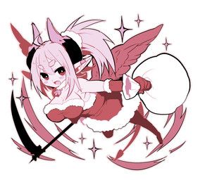 blush breasts clothing costume cute_fangs fangs female flying horn humanoid_pointy_ears looking_at_viewer melee_weapon not_furry open_mouth pointy_ears polearm santa_costume scythe simple_background smile solo teeth weapon white_background wings mofuaki humanoid winged_humanoid 2015