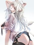 absolute_territory animal_ears black_bra black_clothing black_nails black_underwear bottomwear bra breasts butt choker clothing colored_nails ear_piercing ear_ring female grey_eyes grey_hair hair jewelry legwear lion_ears long_hair medium_breasts miniskirt nails necklace necktie piercing ring_piercing school_uniform simple_background skirt solo tail tail_tuft thigh_highs translucent translucent_clothing tuft underwear uniform omoti_(1201208) hololive vtuber shishiro_botan humanoid lion_girl 3:4 hi_res