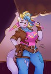 anthro big_breasts boomerang breasts cosplay female hair multicolored_hair parody pose slightly_chubby solo peterandwhitney activision crash_bandicoot_(series) pirate_tawna whitney_(pnc) domestic_cat felid feline felis mammal hi_res pinup