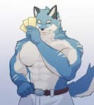 abs anthro belt biped black_ears black_nose blep blue_body blue_eyes blue_fur bottomwear clothing fur holding_card holding_object male muscular muscular_anthro muscular_male pants pecs simple_background solo standing tongue tongue_out white_background white_body white_bottomwear white_clothing white_fur white_pants jaguk9481 knights_college argo_northrop canid canine canis mammal wolf 2022 absurd_res digital_drawing_(artwork) digital_media_(artwork) hi_res