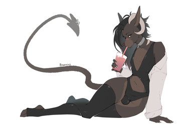 anthro biped bulge claws clothed clothed_anthro clothed_male clothing countershade_torso countershading fingers front_view fur hair horn looking_at_viewer male navel simple_background solo tail begonia-z canid canine canis domestic_dog mammal 2026 digital_drawing_(artwork) digital_media_(artwork) hi_res