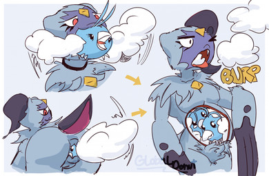 abdominal_bulge anal anal_vore anthro anus burp_cloud burping female feral feral_prey genitals group multiple_prey oral_vore panicking presenting presenting_anus presenting_vulva rumbling_stomach swallowing trio vore vulva globaldonut34 nintendo pokemon eira_(globaldonut34) generation_3_pokemon generation_8_pokemon pokemon_(species) sneasler swablu hi_res