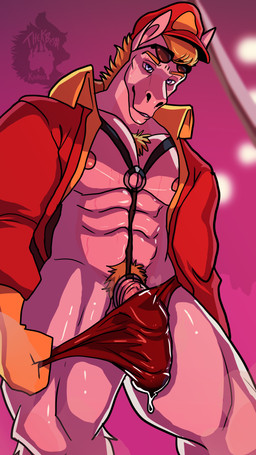 accessory anthro bodily_fluids chest_harness clothing cock_ring firefighter_outfit firefighter_uniform harness jewelry looking_at_viewer male male_anthro muscular muscular_anthro muscular_male musk nipples penis_accessory penis_jewelry pubes stripper sweat uniform thekinkybear stephen_stud equid equine horse mammal 4k 9:16 absurd_res hi_res