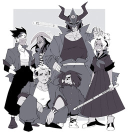 ambiguous_gender anime_style asian_clothing bottomwear clothing east_asian_clothing female gakuran group horn human_focus humanoid_pointy_ears japanese_clothing japanese_school_uniform male mask not_furry open_mouth pointy_ears school_uniform serafuku skirt uniform karina_farek drawfee_(copyright) drawtectives eugene_finch grendan_highforge gyorik_rogdul rose_(drawtectives) dwarf human humanoid mammal orc digital_media_(artwork) hi_res nonbinary_(lore)