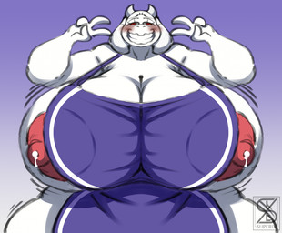 anthro apron apron_only areola big_breasts blush bodily_fluids breasts clothing female fingers front_view huge_breasts hyper hyper_breasts lactating looking_at_viewer mature_female nipple_slip nipples pupils simple_background smile solo superix undertale_(series) toriel bovid caprine mammal 2025 hi_res