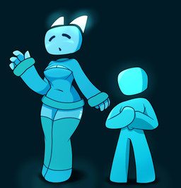 big_breasts big_hands blue_body blue_skin blush blush_lines breasts cleavage cleavage_cutout clothed clothing curvy_figure cutout dress duo earless eyeless eyes_closed faceless female glistening_face glistening_thighs glowing glowing_ears humanoid_hands larger_female legwear long_ears male male/female mouthless no_hands no_neck open_mouth pointy_ears prick_ears simple_background simple_eyes size_difference small_waist smaller_male square_head standing thick_thighs twtr just_shapes_and_beats cyan_(jsab) cyan_cube sad_cube humanoid hi_res