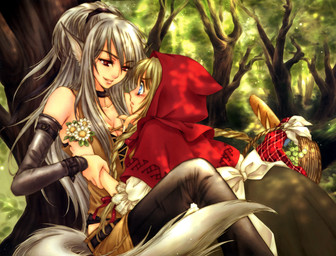 accessory age_difference alternative_fashion armwear baguette basket blonde_hair blue_eyes blush braided_hair bread breasts cape cleavage clothed clothing collar container detailed_background duo elbow_gloves eye_contact fangs female female/female flower food forest fruit gloves grape grey_hair hair hair_accessory hairband handwear hood human_on_humanoid inner_ear_fluff interspecies j-fashion legwear lips lolita_(fashion) long_hair looking_at_another monster_girl_(genre) nature naughty_face older_female older_humanoid outside picnic_basket plant ponytail red_eyes tail teeth thigh_highs tree tuft wolf_tail younger_female younger_human sakura_shio fairy_tales little_red_riding_hood_(copyright) big_bad_wolf little_red_riding_hood animal_humanoid canid canid_humanoid canine canine_humanoid canis human humanoid mammal mammal_humanoid wolf wolf_humanoid hi_res