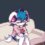 1:1 animated anthro blue_hair bottomwear clothing digital_media_(artwork) electronics eyes_closed female furniture hair headphones japanese_text low_res mammal ouroporos pixel_(artwork) pixel_animation short_playtime shorts sitting sofa solo text unknown_species