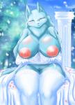 anthro areola big_areola big_breasts blue_body blue_fur blush breasts bride clothed clothing curvy_figure dress female fur green_eyes huge_breasts japanese looking_at_viewer nipple_chain nipples nude piercing pubes smile solo thick_thighs voluptuous wedding wedding_dress wide_hips cocolog roko_(cocolog) canid canine canis mammal wolf 2016 absurd_res hi_res