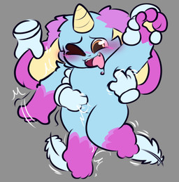 ambiguous_gender anthro blue_body blue_fur blush disembodied_hand drooling_laughing feathers feet fur hiry_(diegoglog) horn long_ears navel navel_fingering orange_eyes pawpads pink_body pink_fur solo tickle_fetish tickling tickling_armpits tickling_belly tickling_feet conditional_dnp tuvandalist hybrid lagomorph leporid mammal rabbit hi_res