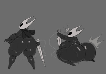 2_horns big_breasts big_butt biped black_body black_eyes bodily_fluids breasts butt clothing female fingers genitals grey_background holding_melee_weapon holding_object holding_weapon horn huge_breasts huge_butt melee_weapon motion_lines nail_(weapon) simple_background solo standing sweat thread vulva weapon cofficremer hollow_knight_(franchise) team_cherry hornet_(hollow_knight) arthropod 2025 absurd_res hi_res multiple_images