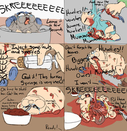 abuse ambiguous_gender ambiguous_human animal_abuse anus blood blood_from_wound blue_hair blue_hooves bodily_fluids character_prepared_as_food cooking_pot cross_section crying disembowelment dismemberment exposed_muscle female female_feral feral food fruit fur genitals gore grey_body grey_fur guts hair hooves injection intestines knife light_body light_skin lying nut_(fruit) on_back organs pain pained_expression plant severed_body_part suffering syringe tears text torture vulva water wounded nekuchan fluffy_pony fluffy_pony_(species) human mammal 2020 comic digital_media_(artwork) english_text