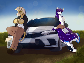 anthro car duo female male merayeen outside vehicle ragiechan honda dwenzorse equid equine horse hybrid hyena mammal zebra 4:3 digital_media_(artwork) hi_res
