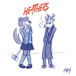 anthro duo female interspecies male parody predator/prey smoking aleks_howes beastars heathers_(musical) juno_(beastars) louis_(beastars) canid canine canis cervine deer mammal red_deer wolf 1:1 hi_res