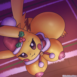 anthro areola big_breasts big_butt bouncing_breasts bouncing_butt breasts butt cape christmas_clothing christmas_headwear clothing female hat headgear headwear holding_breast holidays looking_at_viewer looking_pleasured looking_up looking_up_at_viewer mistletoe nipples pink_areola plant santa_hat seductive solo tail tail_motion tailwag thick_thighs yellow_body blubluumon christmas nintendo pokemon generation_1_pokemon pikachu pokemon_(species) animated