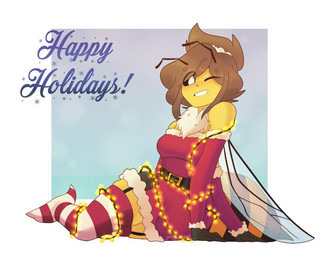 accessory antennae_(anatomy) anthro bdsm bondage bound brown_hair claws clothing costume dark_sclera female hair hair_accessory hair_tie holiday_message holidays legwear looking_at_viewer one_eye_closed pattern_clothing santa_costume smile solo string_light_bondage string_lights striped_body striped_clothing stripes thigh_highs toe_claws wings wink winking_at_viewer yellow_body glowyskull christmas maylene_bea_(glowyskull) arthropod bee humanoid hymenopteran insect 2025 detailed digital_drawing_(artwork) digital_media_(artwork)