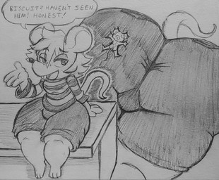 anthro big_butt bottomwear bulge butt butt_crush clothing dishonesty duo extreme_size_difference feigning_ignorance furniture hair larger_young long_sleeve_shirt male male/male micro mischievous on_table shorts sitting sitting_on_another sitting_on_table size_difference table tail thick_thighs young young_male fauxtellno1 gregory_horror_show biscuit_(bizkit) james_(ghs) mammal mouse murid murine rat rodent absurd_res hi_res monochrome