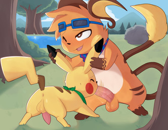 anus balls blush bodily_fluids butt duo face_fucking fellatio genital_fluids genitals holding_both_ears holding_ear irrumatio kerchief male male/male neckerchief neckwear oral penile penis penis_in_mouth precum saliva sex tongue tongue_out porldraws nintendo pokemon fan_character sparkychu van_(pathwarden) generation_1_pokemon pikachu pokemon_(species) raichu absurd_res hi_res