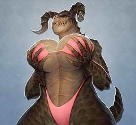 5_fingers anthro big_breasts bikini breast_squeeze breasts claws cleavage clothed clothing female fingers fondling hand_on_breast highleg highleg_bottomwear holding_breast horn huge_breasts long_claws looking_at_viewer non-mammal_breasts orange_sclera pink_bikini pink_clothing pink_swimwear self_fondle sharp_teeth skimpy_bikini solo squeezing string_bikini swimwear teeth two-piece_swimsuit under_boob derek_hetrick fallout microsoft deathclaw reptile scalie 2021 hi_res