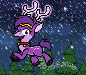 accessory after_transformation alternate_species antlers bell bell_collar bent_legs blue_sky chest_tuft cloud cloven_hooves collar evergreen_tree eyebrows eyelashes feathering female female_feral feral fluffy fluffy_tail flying forest fur glowing glowing_antlers hair headband hooves horn magic magic_user multicolored_body multicolored_fur one_eye_closed outside pine_tree plant purple_antlers purple_body purple_eyebrows purple_eyes purple_fur purple_hair purple_hooves purple_nose purple_tail quadruped red_collar red_tongue short_hair sky smile smiling_at_viewer snow snowing solo sparkles tail tongue tree tuft unguligrade yellow_headband captainquack64 shantae_(series) wayforward shantae deer mammal new_world_deer reindeer 2024 digital_drawing_(artwork) digital_media_(artwork) english_description flat_colors hi_res