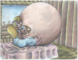 anthro banana bed belly big_belly blonde_hair blue_clothing butt clothing female food fruit furniture hair huge_belly hyper hyper_belly hyper_pregnancy inside overweight plant pregnant pregnant_anthro pregnant_female sitting solo virus-20 donkey_kong_(series) nintendo tiny_kong haplorhine mammal monkey primate 2013 traditional_media_(artwork)