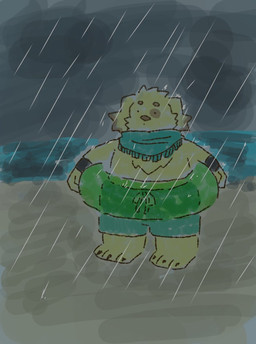 anthro beach biped bottomwear clothing cloud dot_eyes kemono outside raining scarf seaside shorts simple_eyes slightly_chubby solo swimwear water sbms1_25 lifewonders tokyo_afterschool_summoners cu_sith_(tas) canid canine canis domestic_dog mammal 2022