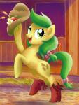 apple boots clothing cowboy_boots cowboy_hat cutie_mark female feral food footwear fruit fur grass green_eyes green_hair hair hat headgear headwear looking_at_viewer open_mouth plant shoes smile solo yellow_body yellow_fur adlynh friendship_is_magic hasbro my_little_pony apple_fritter_(mlp) earth_pony equid equine horse mammal pony 2013 hi_res