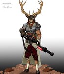 anthro antlers armed armor belt bottomwear brown_body brown_eyes brown_fur clothed clothing fur fur_markings gloves gradient_background gun handwear hooves horn looking_at_viewer male markings muscular pants ranged_weapon rifle simple_background solo weapon dan_ortiz ruscal cervine deer mammal 2023 absurd_res digital_drawing_(artwork) digital_media_(artwork) hi_res signature