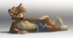 3_toes 4_fingers anthro barefoot biped black_nose boxer_briefs boxer_briefs_only brown_body brown_fur brown_hair bulge clothed clothing detailed_background feet fingers front_view fur gloves_(marking) gradient_background green_eyes grey_background grey_boxer_briefs grey_clothing grey_underwear hair half-closed_eyes hand_on_floor hand_on_knee hand_on_leg leg_markings looking_at_viewer lying male markings narrowed_eyes on_side pattern_clothing pattern_underwear seductive short_hair simple_background skimpy smile socks_(marking) solo striped_boxer_briefs striped_clothing striped_underwear stripes tan_body tan_fur toes toony topless underwear underwear_only tinydeerguy matt_riskely canid canine canis domestic_dog mammal