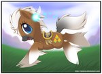 blue_eyes border brown_body brown_fur carrot_print chibi cutie_mark duo female feral fur grey_tail mane open_mouth plains ponification saddle sky tail text triforce triforce_symbol white_border white_hands white_legs white_mane nyaasu hasbro my_little_pony nintendo ocarina_of_time the_legend_of_zelda epona_(tloz) navi equid equine fairy horse mammal pony 2012 url